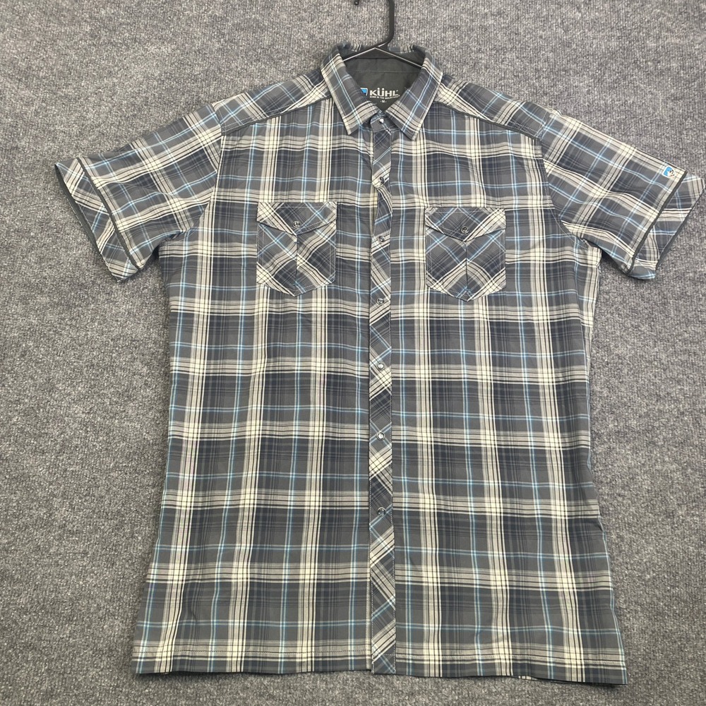 Kuhl Eluxur Mens Blue Grey Plaid Short Sleeve Snap Front Hiking Shirt Size M